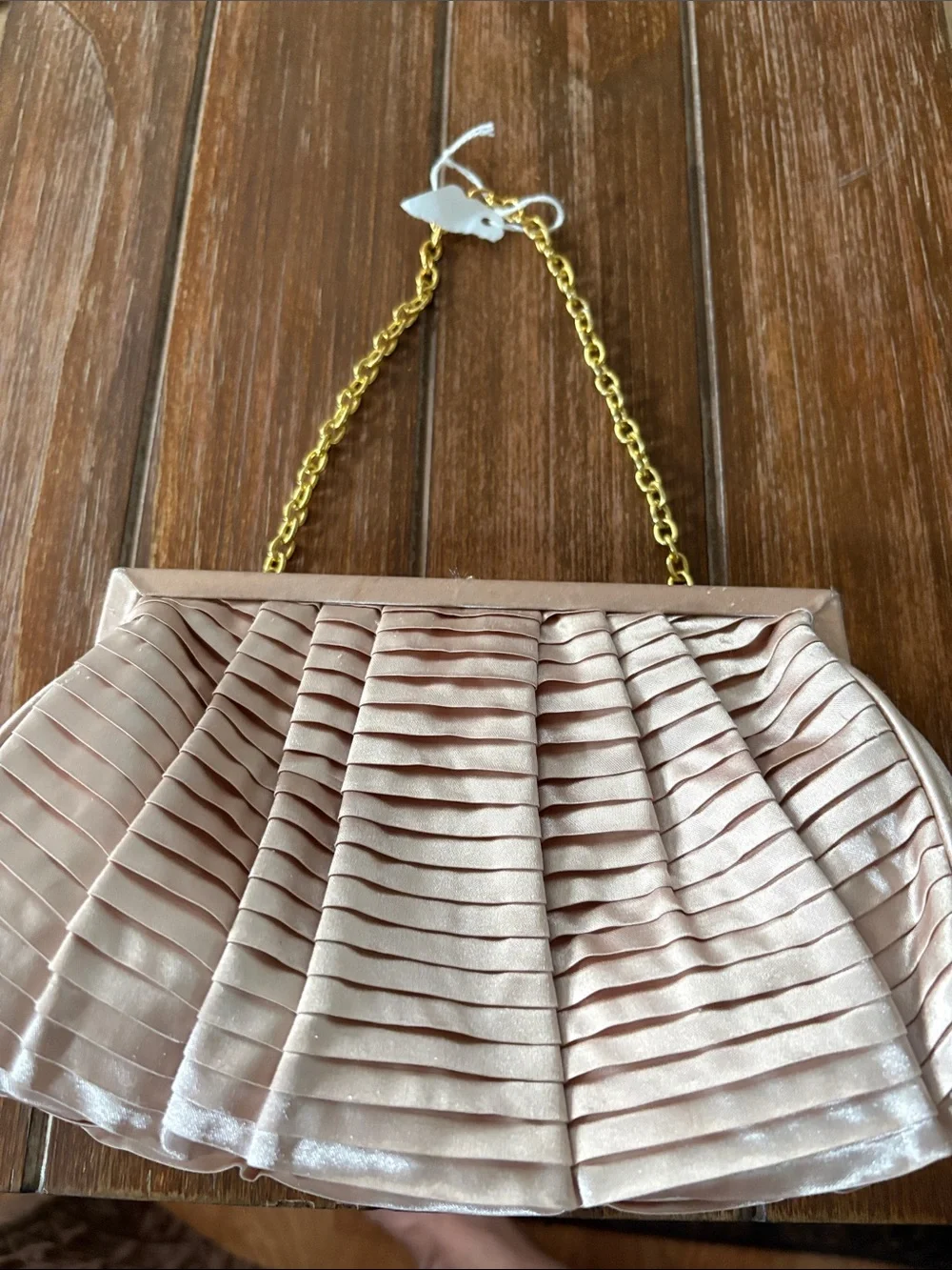 Pleated Satin Evening Clutch in Blush Pink with Gold Chain
